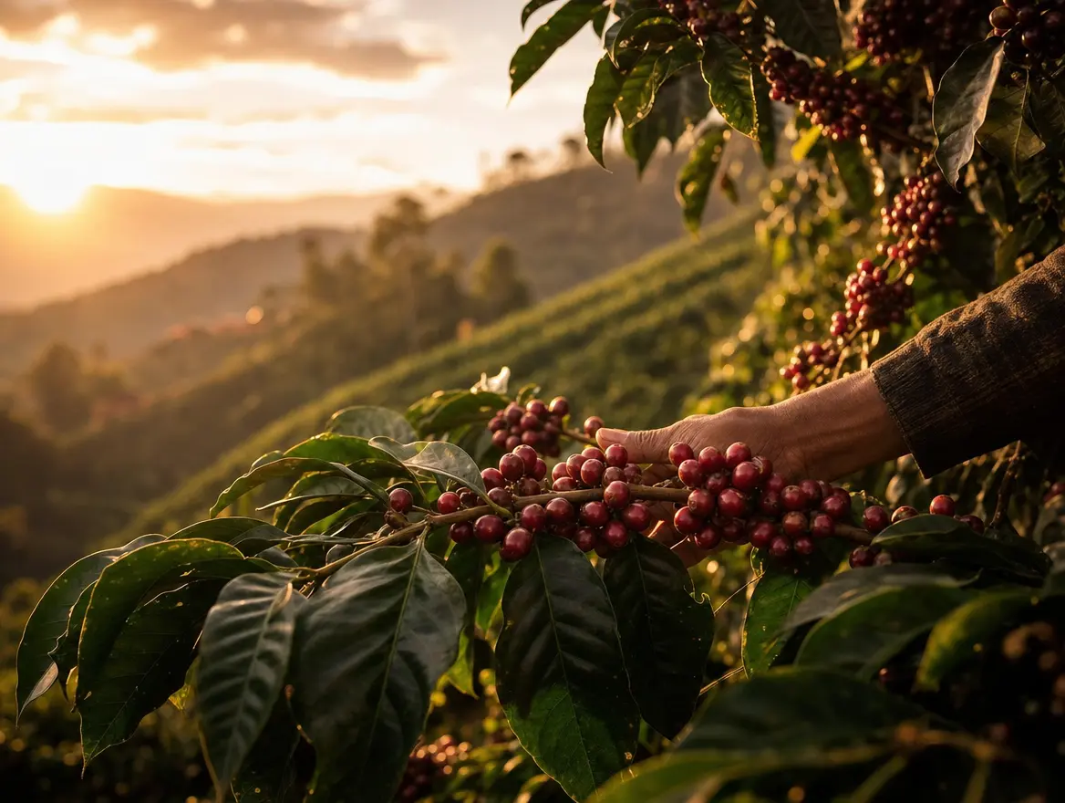 Coffee cherries being harvested on a mountain farm at sunset