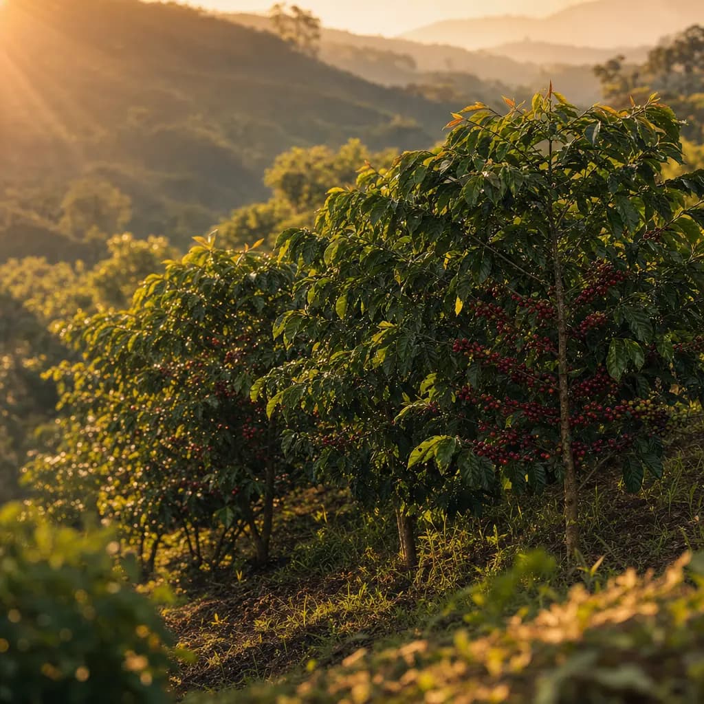Rows of coffee trees growing on a mountain finca