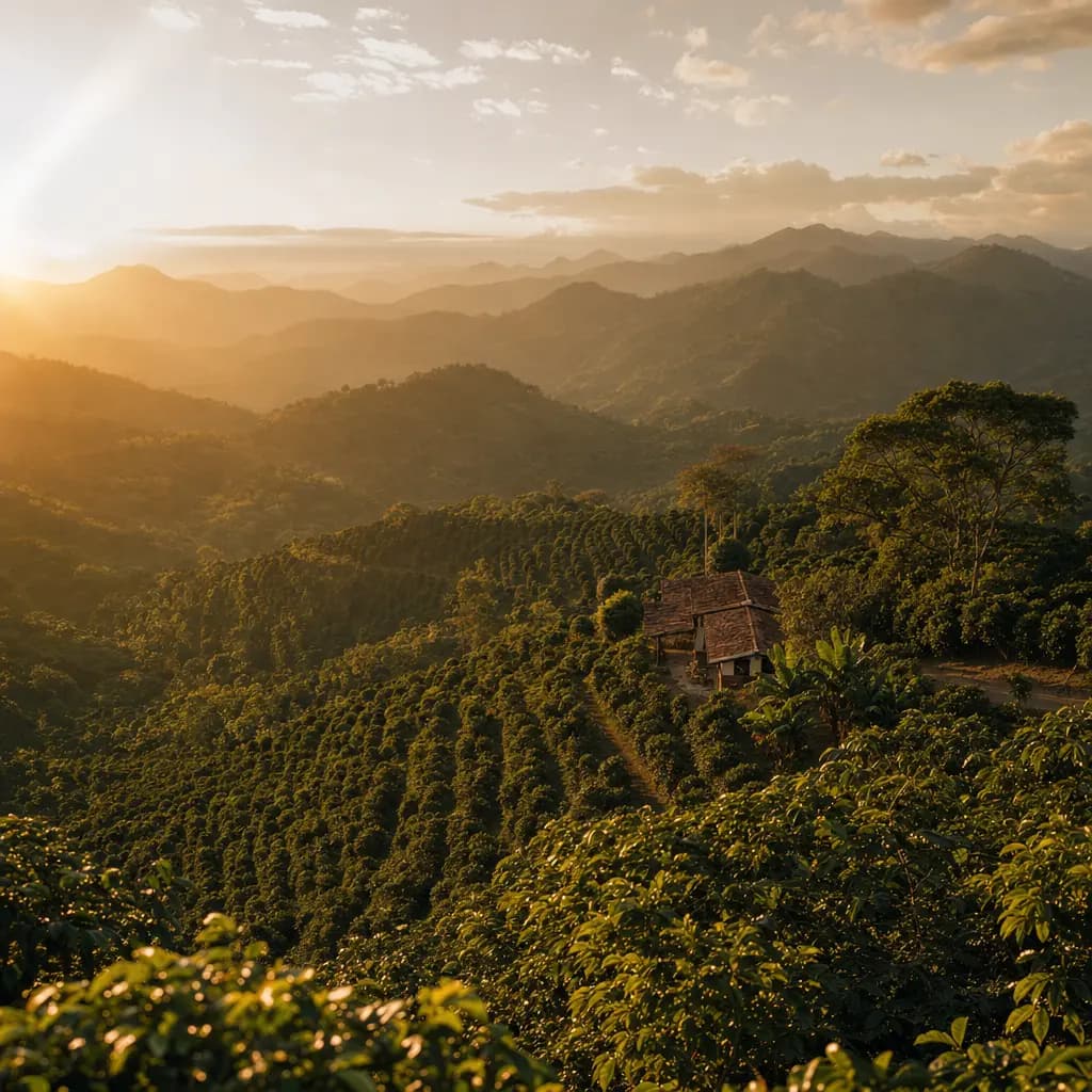 A private coffee finca surrounded by mountain fields